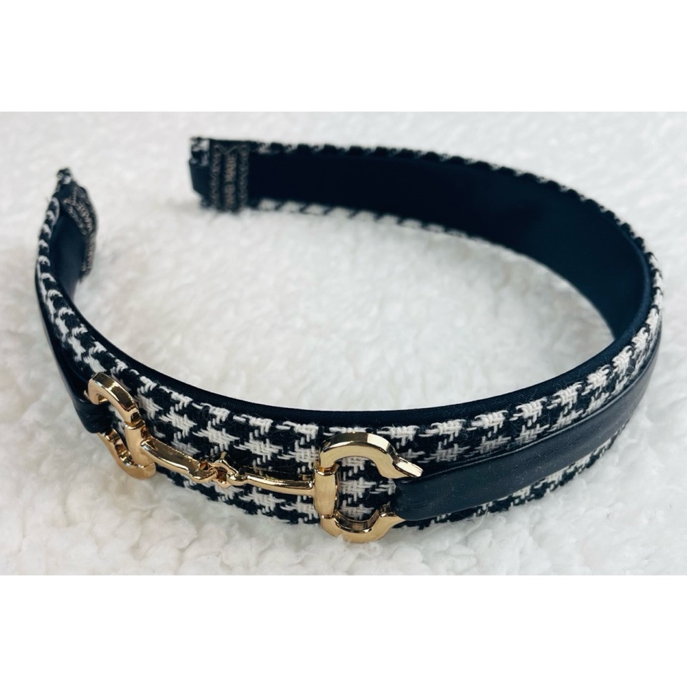 (NWOT) Handmade Black/White/Gold Houndstooth Horse Bit Headband - Picture 8 of 12